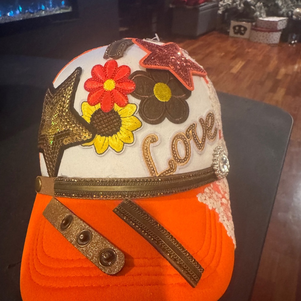 Floral Embellished with Orange Brown,Gold and White lace Women's Trucker Hat🧡💛🤎🔥